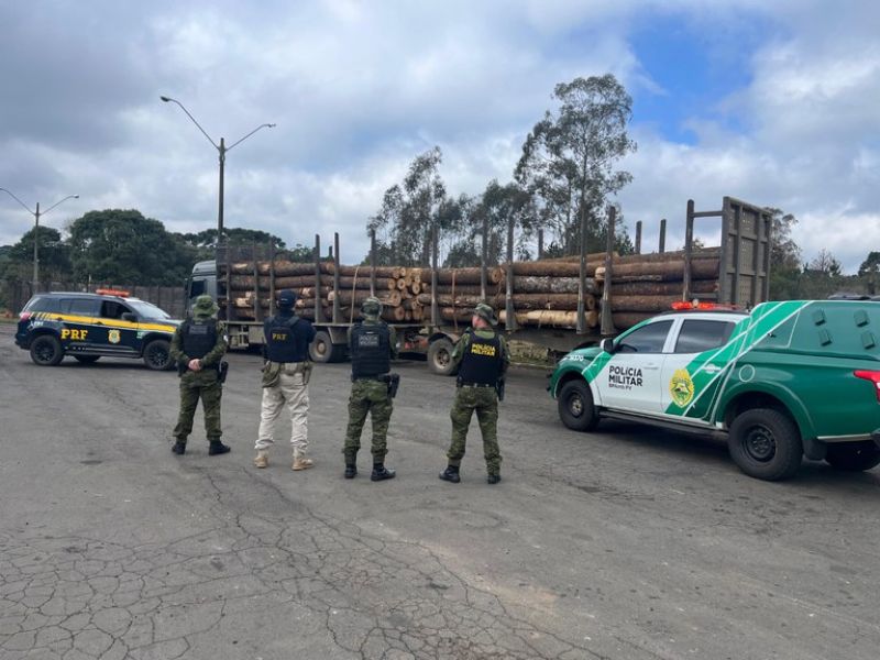 PRF e PM apreendem carreta com toras irregulares de Araucárias em Guarapuava (PR)