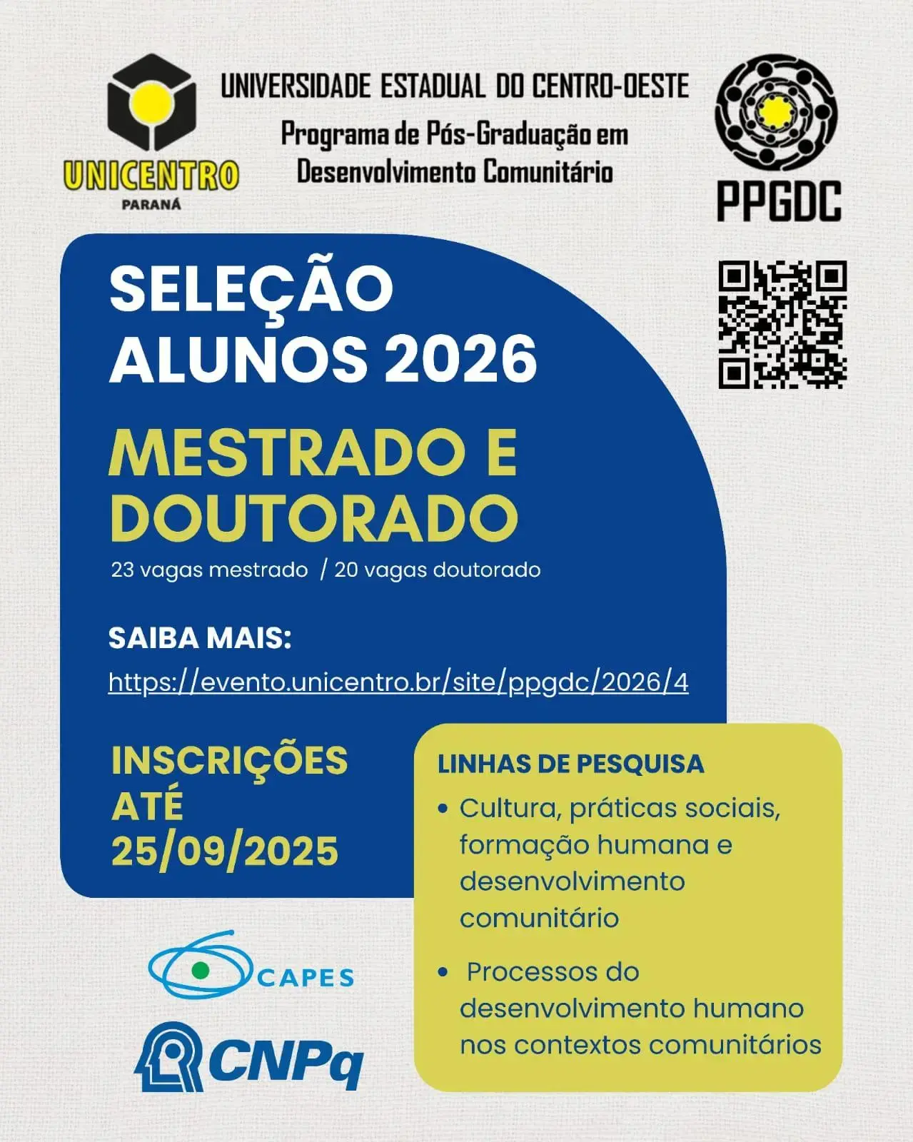 Unicentro abre inscrições para mestrado e doutorado em Desenvolvimento Comunitário