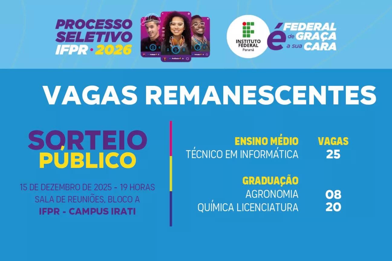 Processo Seletivo 2026 | IFPR Campus Irati vai sortear vagas remanescentes para 2026