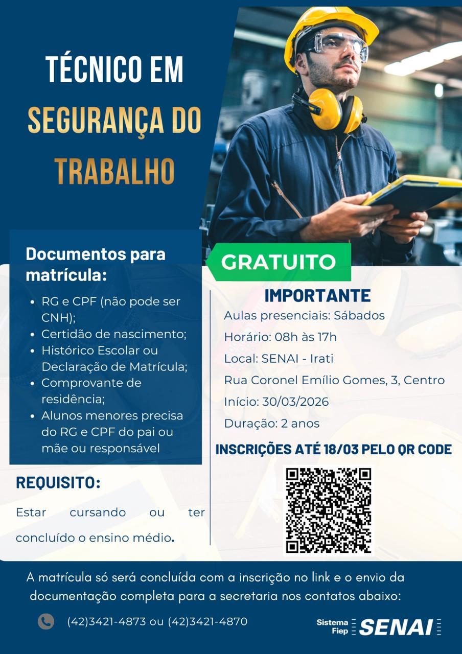 Prefeitura de Irati divulga cursos de qualificação profissional em parceria com o SENAI