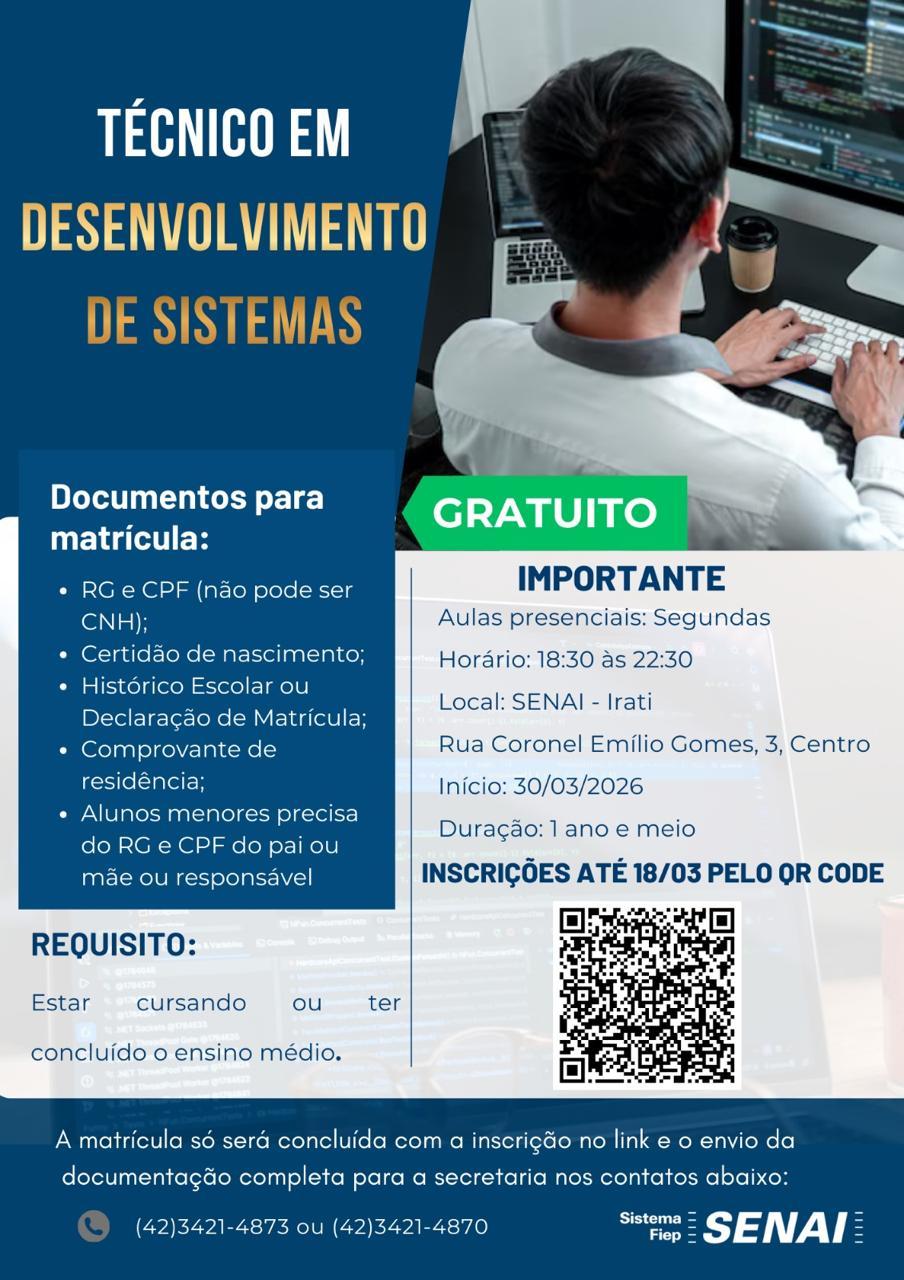 Prefeitura de Irati divulga cursos de qualificação profissional em parceria com o SENAI