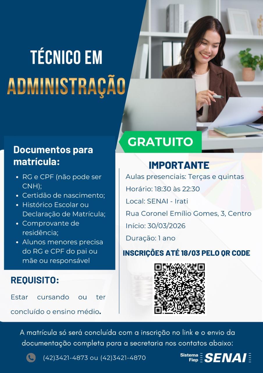 Prefeitura de Irati divulga cursos de qualificação profissional em parceria com o SENAI