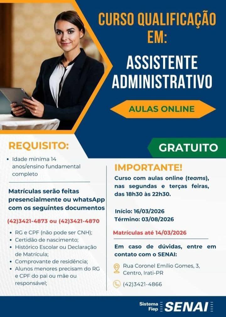 Prefeitura de Irati divulga cursos de qualificação profissional em parceria com o SENAI