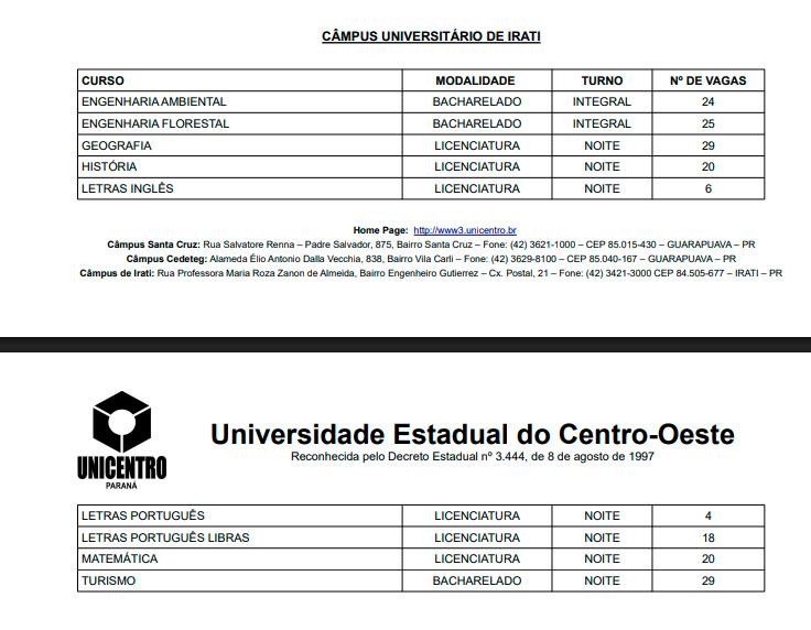 Unicentro abre inscrições para vagas remanescentes em cursos de graduação