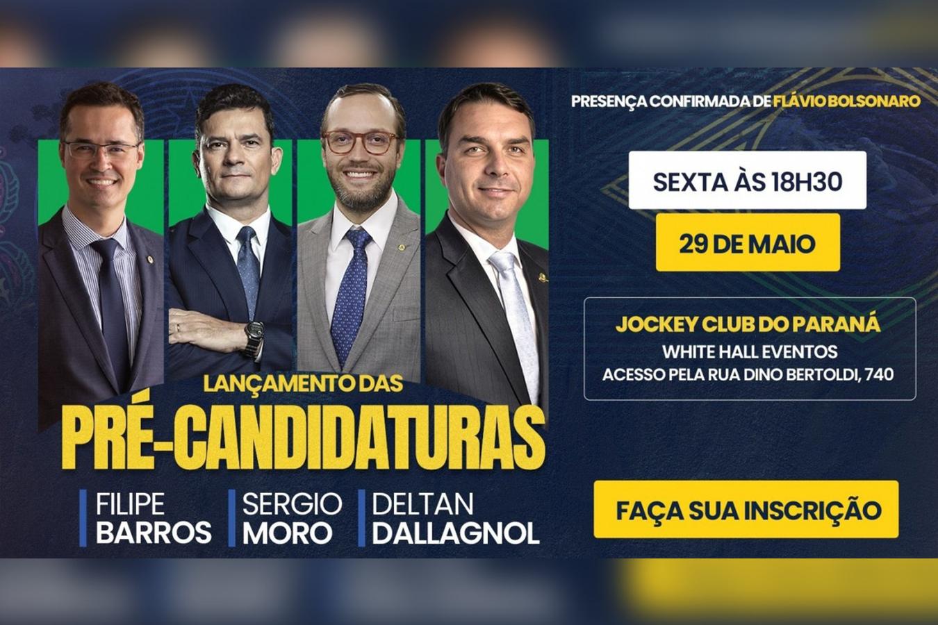 Com presença de Flávio Bolsonaro, Moro, Dallagnol e Filipe Barros lançam pré-candidaturas em Curitiba nesta sexta-feira
