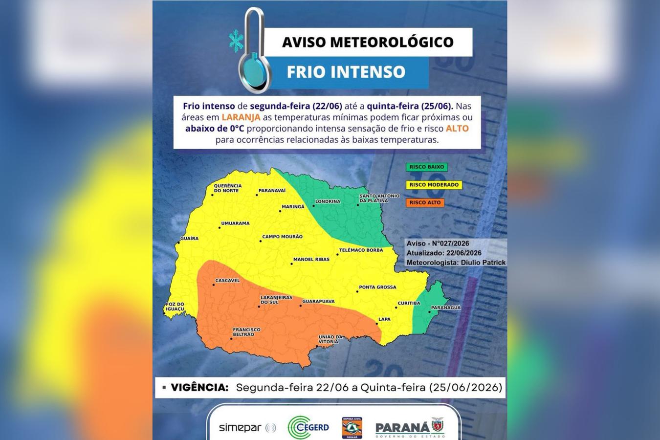 Aviso meteorológico — Frio intenso no Paraná