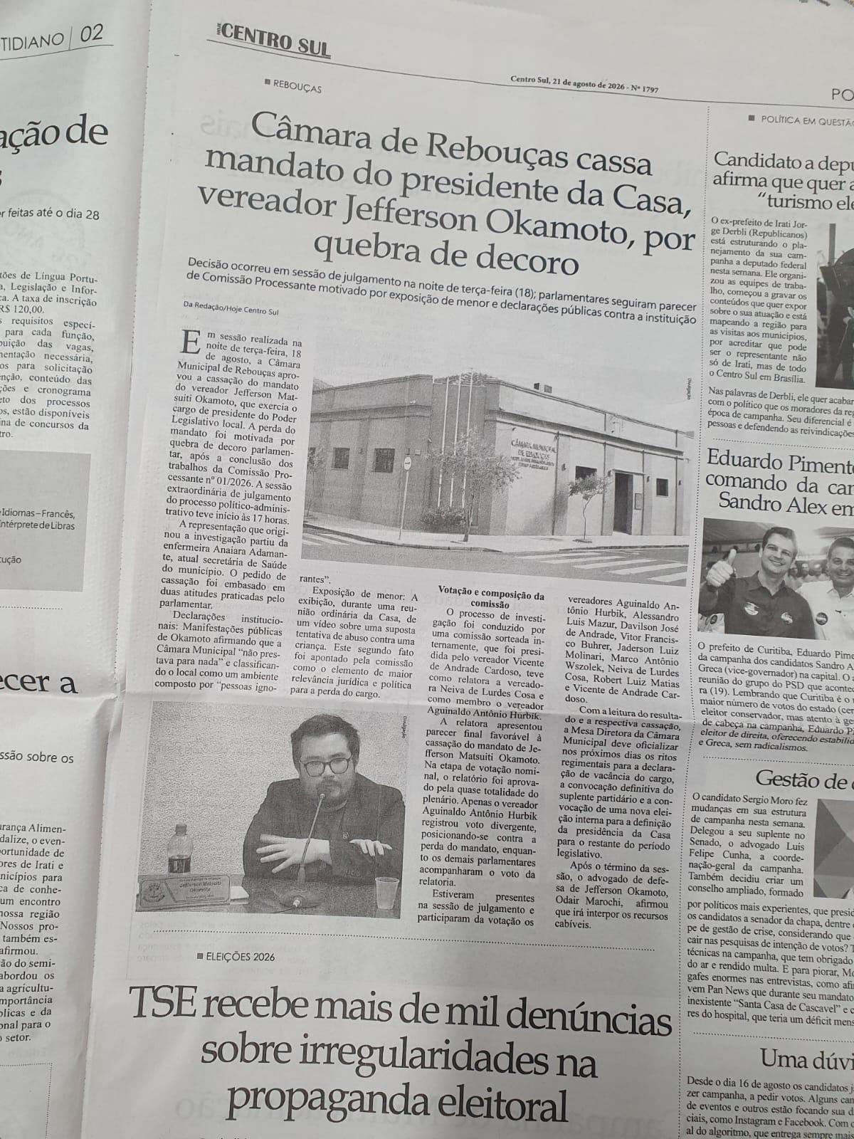 Câmara de Rebouças cassa mandato do presidente da Casa, vereador Jefferson Okamoto, por quebra de decoro 2 Câmara de Rebouças cassa mandato do presidente da Casa, vereador Jefferson Okamoto, por quebra de decoro